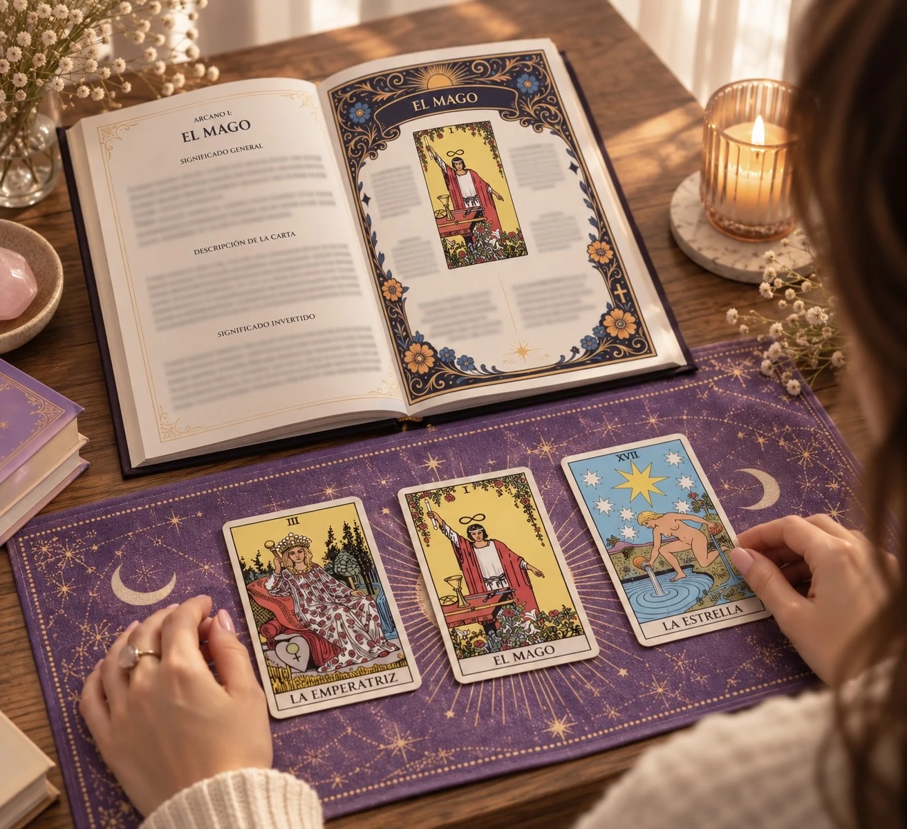 Guía abierta junto a una tirada de Tarot